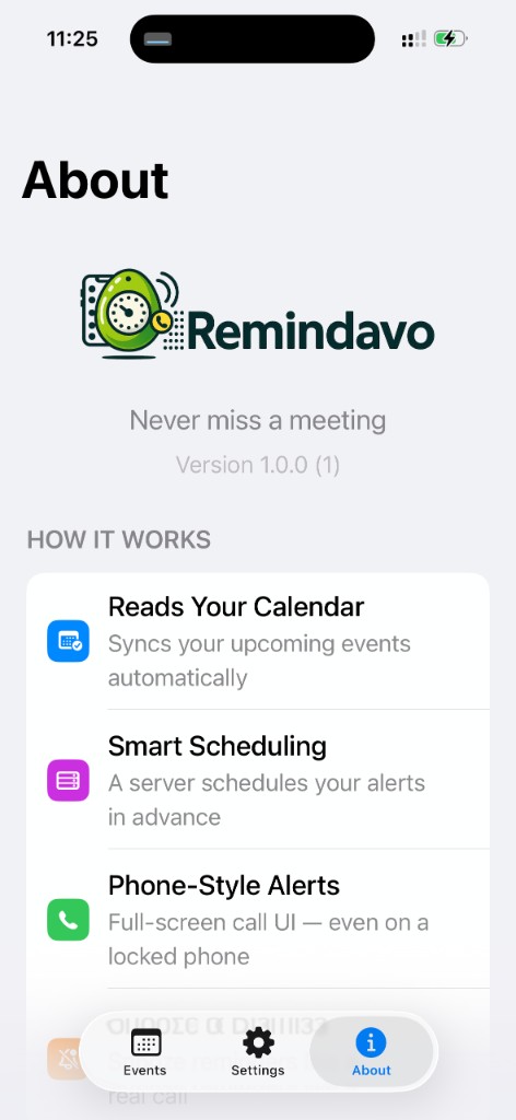 Remindavo app About screen — how the app works