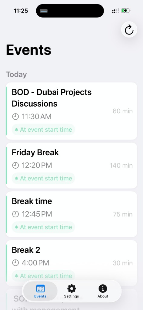 Remindavo app Events screen — upcoming calendar events with reminder times