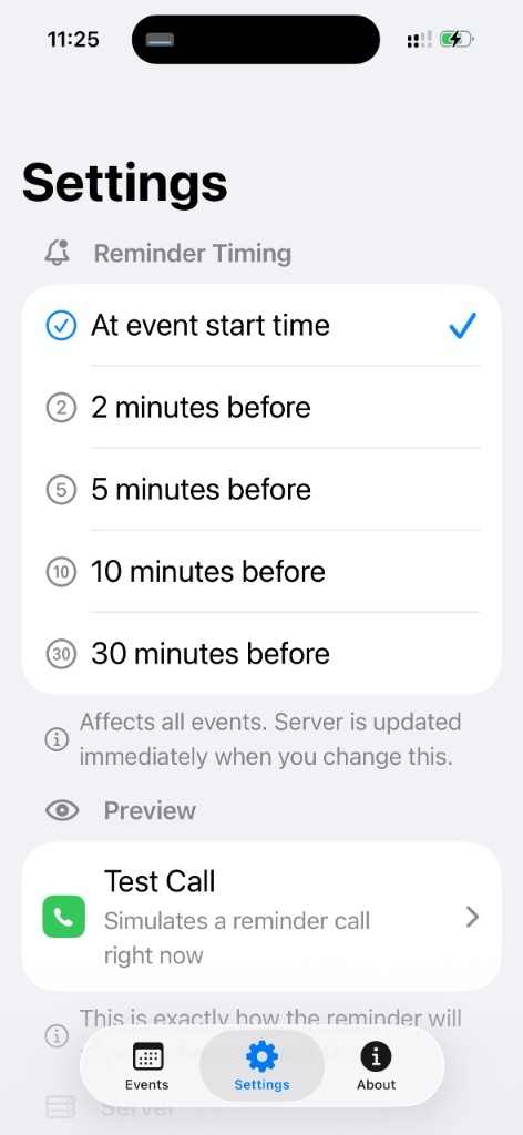 Remindavo app Settings screen — reminder timing and test call options