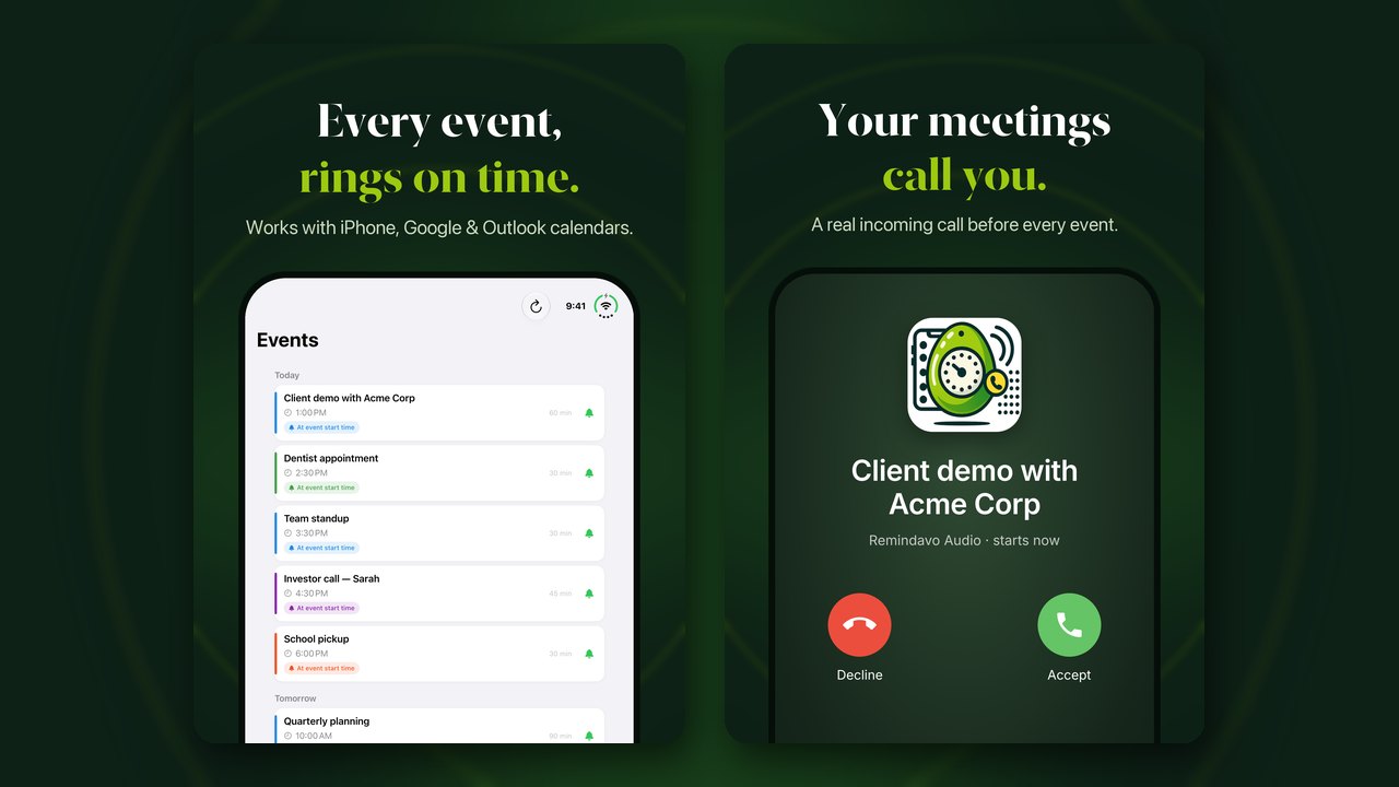 Remindavo on iPhone Duo: the events list on the open inner display, and an incoming reminder call for a client demo on the folded outer display