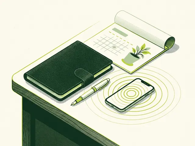 Illustration of an executive's desk with a planner, fountain pen and a ringing phone