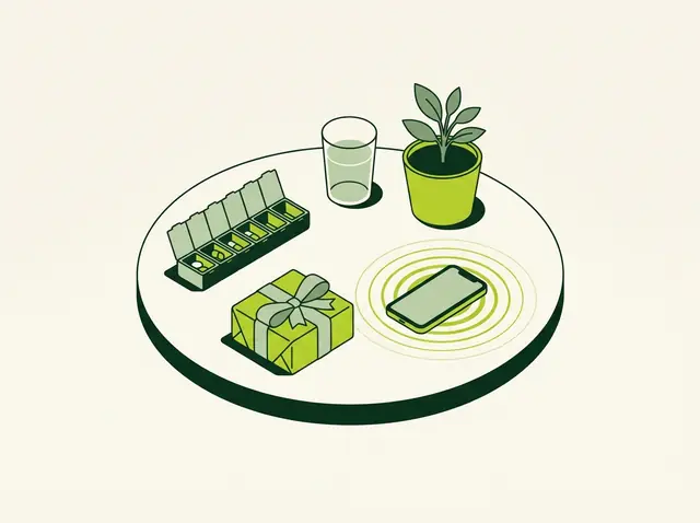 Illustration of a kitchen table with a pill organizer, a birthday gift and a ringing phone