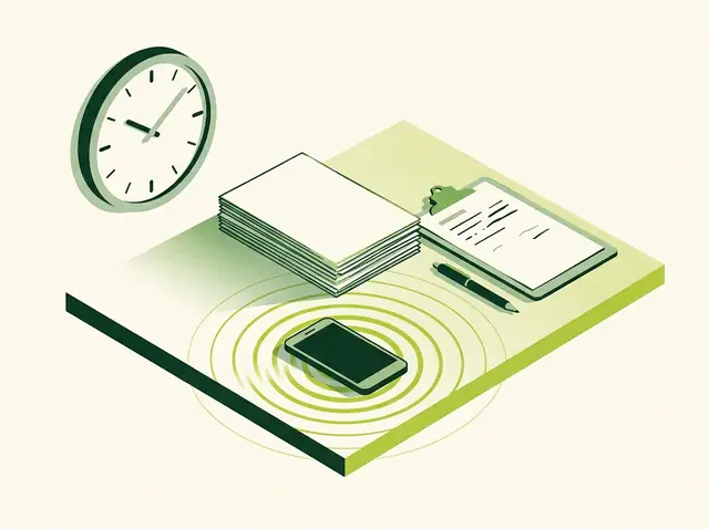 Illustration of a recruiter's desk with a stack of resumes, a clock and a ringing phone