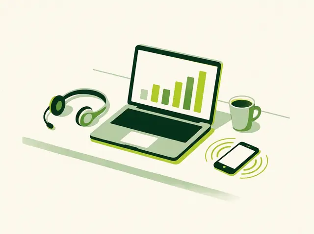 Illustration of a sales desk with a headset, laptop showing a rising chart and a ringing phone